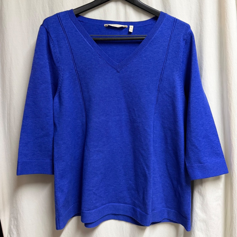 Soft Surroundings Royal Blue V-Neck Sweater 3/4 Sleeve Seam Detail PXL Comfort